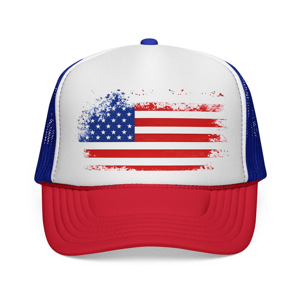 Patriotic Trucker Cap — Distressed American Flag Mesh Hat for 4th of July
