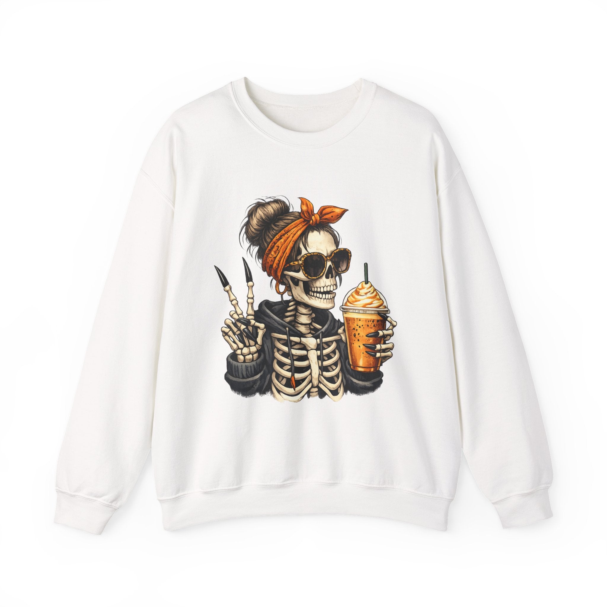 Crewneck Sweatshirt — Halloween Skeleton Girl Holding Pumpkin Spice Drink Graphic