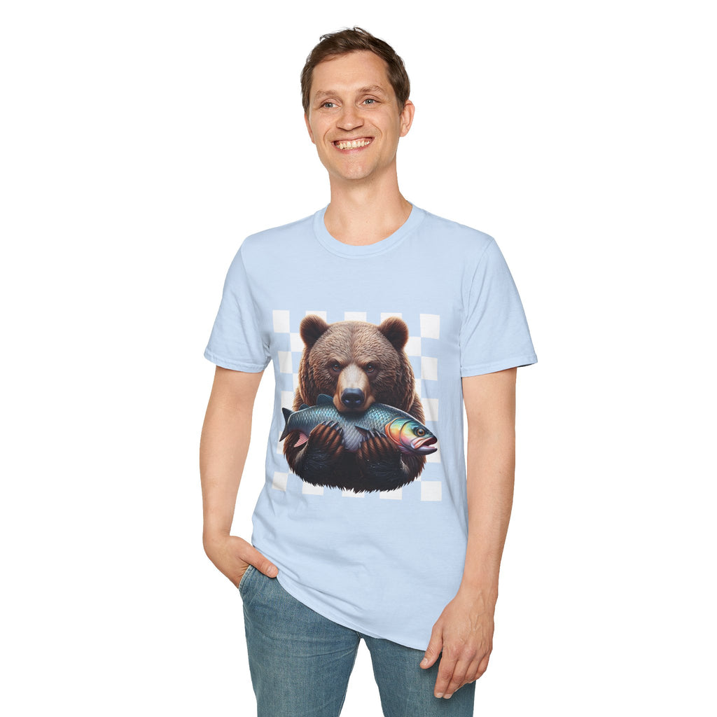 Bear Holding Fish Graphic T-Shirt — Retro Checkerboard Nature Tee