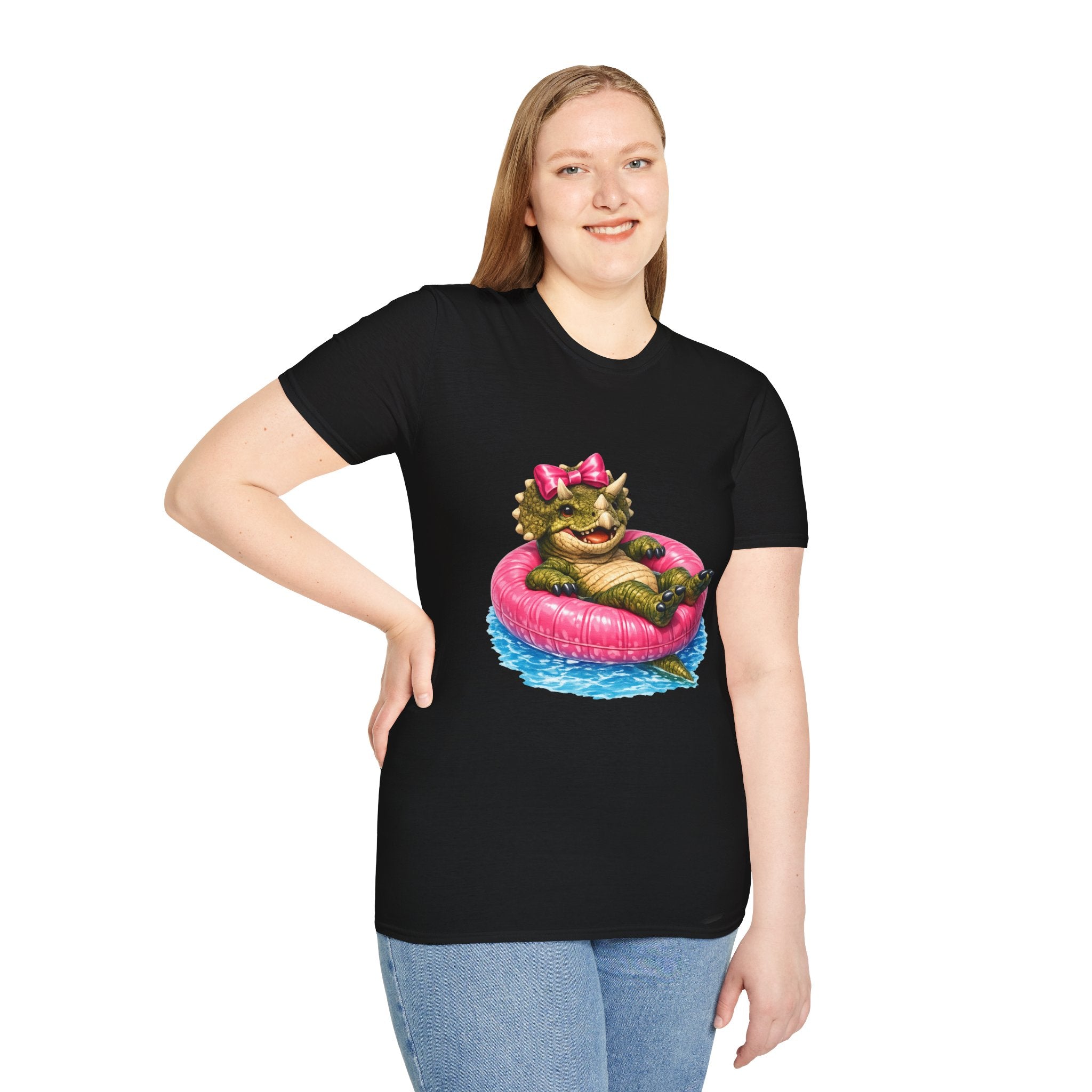 Baby Dino Float T-Shirt — Cute Dinosaur with Pink Bow Pool Tee