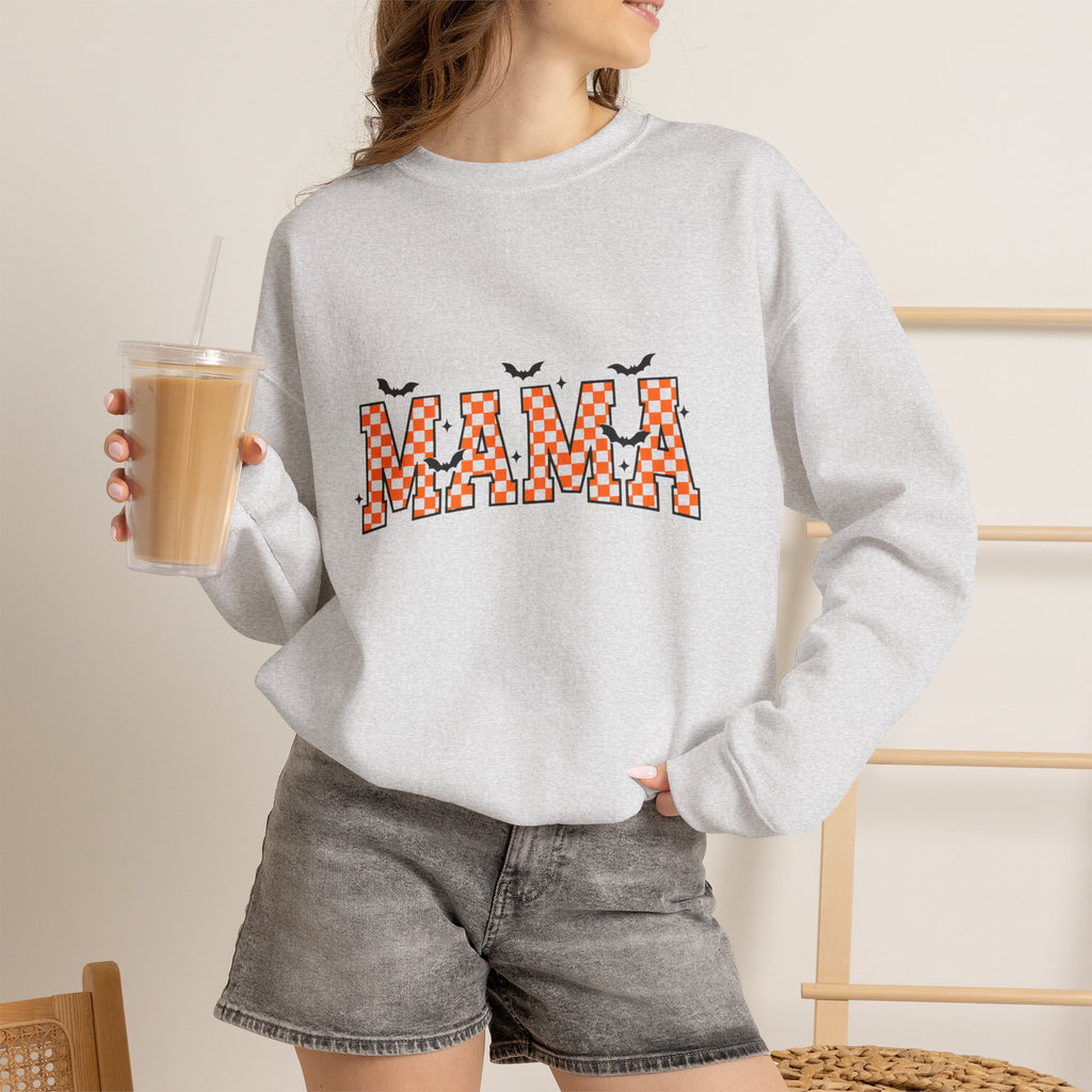 Mama Checkerboard Crewneck Sweatshirt — Retro Orange Plaid "MAMA" Graphic