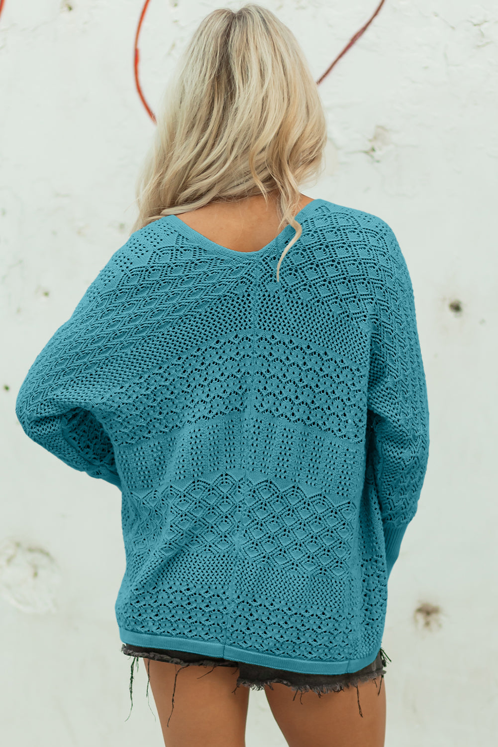 Lapis Mix Pattern Hollowed Knit Open Front Cardigan